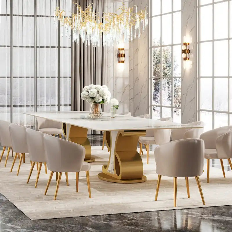Table à manger rectangulaire de luxe en pierre frittée avec base en acier inoxydable pour 8 à 10 personnes