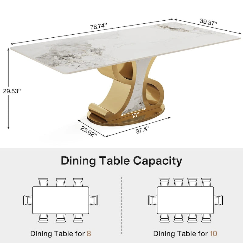 Table à manger rectangulaire de luxe en pierre frittée avec base en acier inoxydable pour 8 à 10 personnes