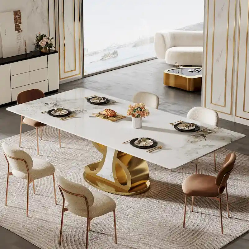 Table à manger rectangulaire de luxe en pierre frittée avec base en acier inoxydable pour 8 à 10 personnes