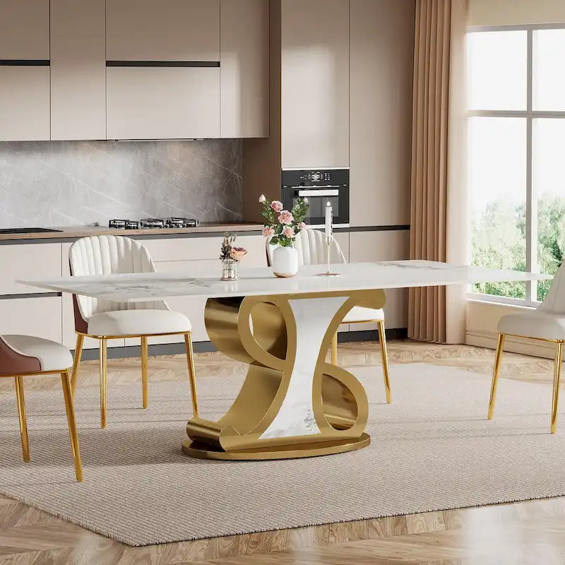 Table à manger rectangulaire de luxe en pierre frittée avec base en acier inoxydable pour 8 à 10 personnes