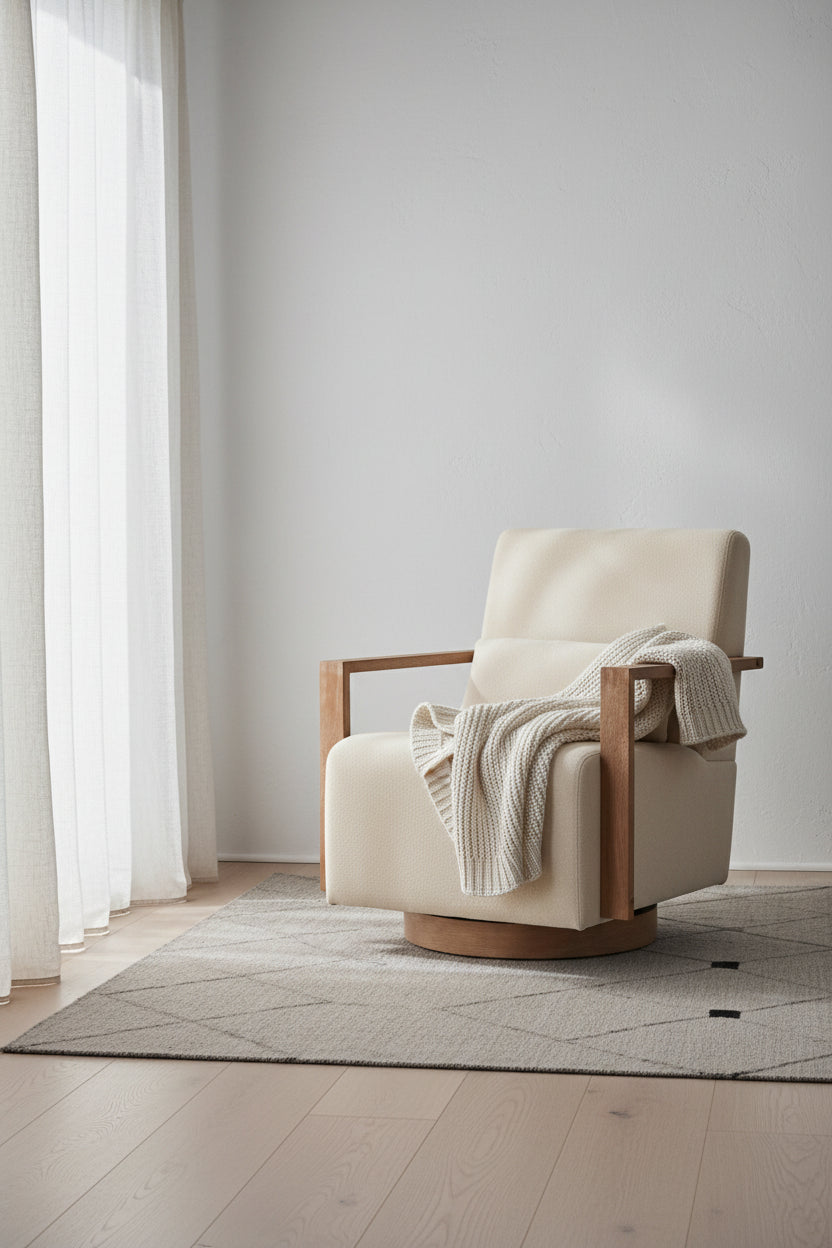 Fauteuil d'appoint pivotant à 360 degrés avec accoudoirs et piètement en bois massif