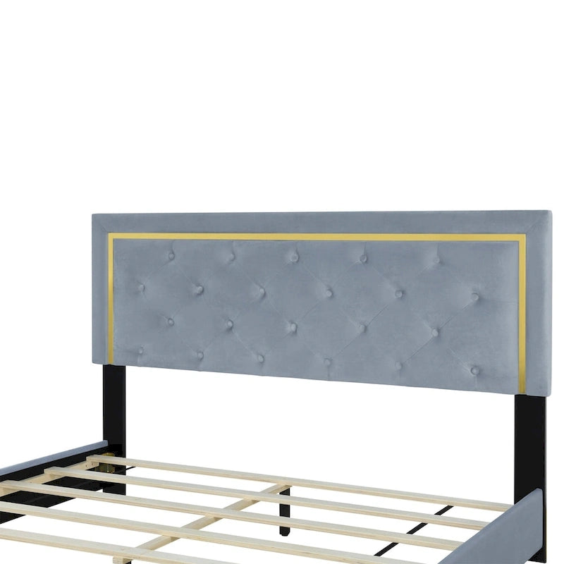 Lit plateforme rembourré Queen Size avec tête de lit capitonnée et cadre en fil métallique