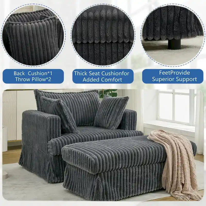 Chaise longue surdimensionnée moderne gris foncé de 47,8 po avec pouf et oreillers