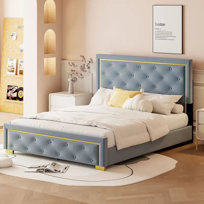 Lit plateforme rembourré gris Queen Size avec tête de lit capitonnée et cadre en métal