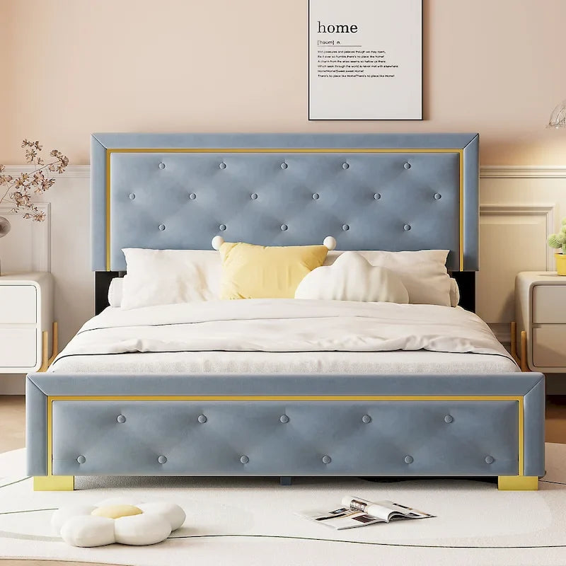 Lit plateforme rembourré gris Queen Size avec tête de lit capitonnée et cadre en métal