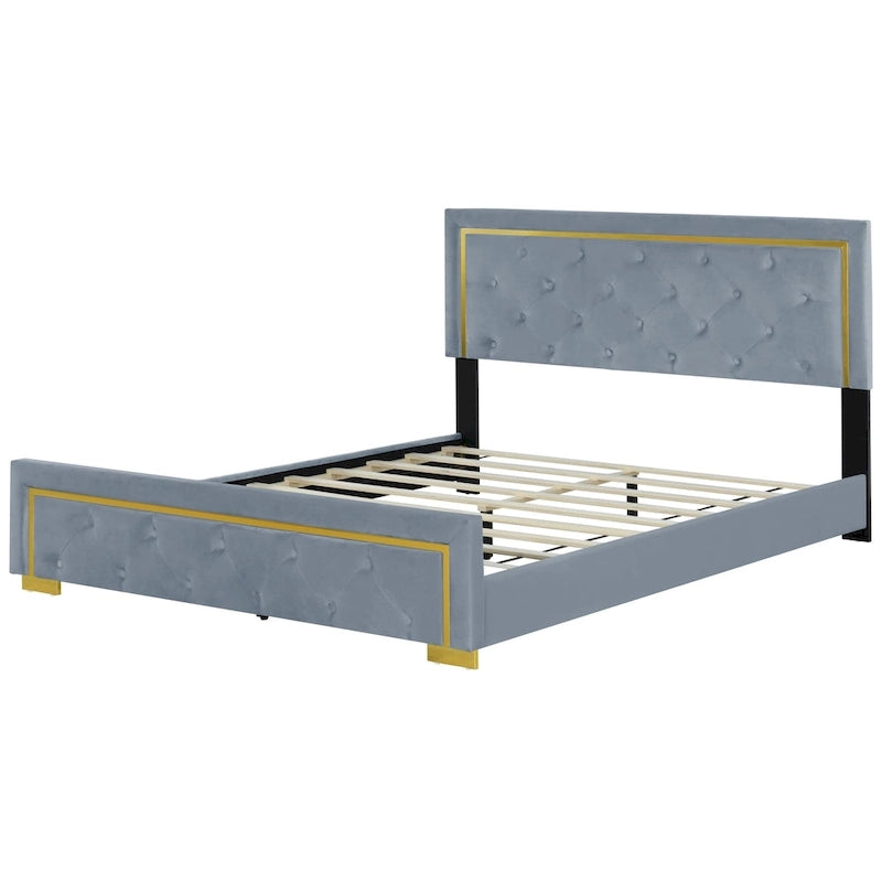 Lit plateforme rembourré gris Queen Size avec tête de lit capitonnée et cadre en métal