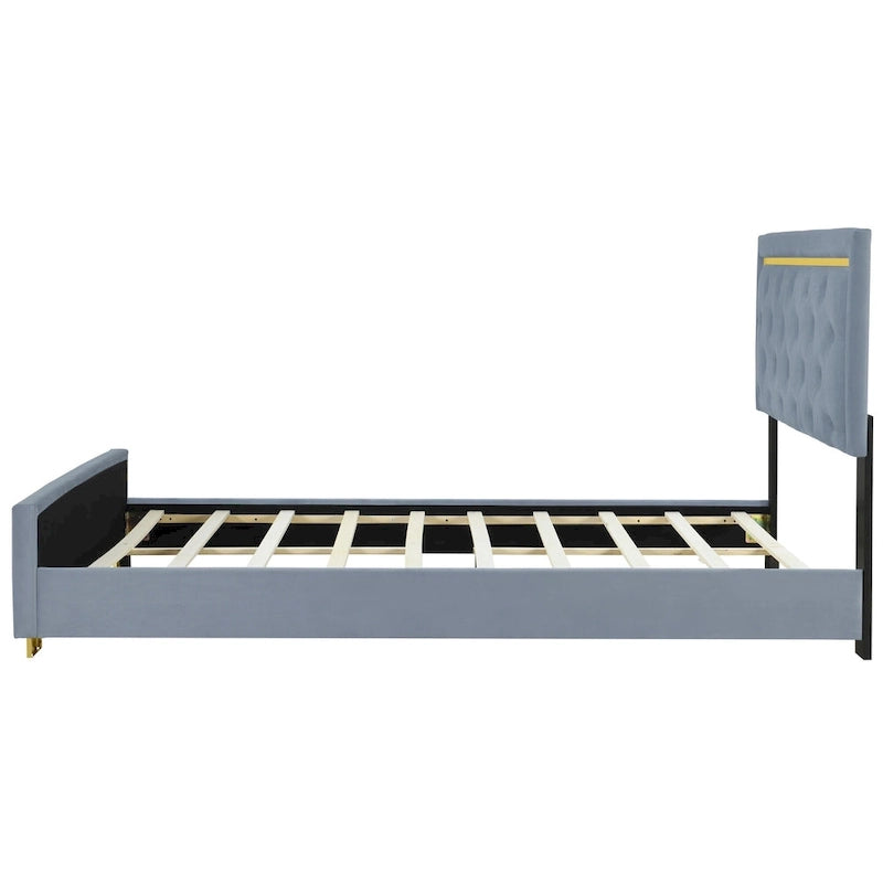 Lit plateforme rembourré gris Queen Size avec tête de lit capitonnée et cadre en métal