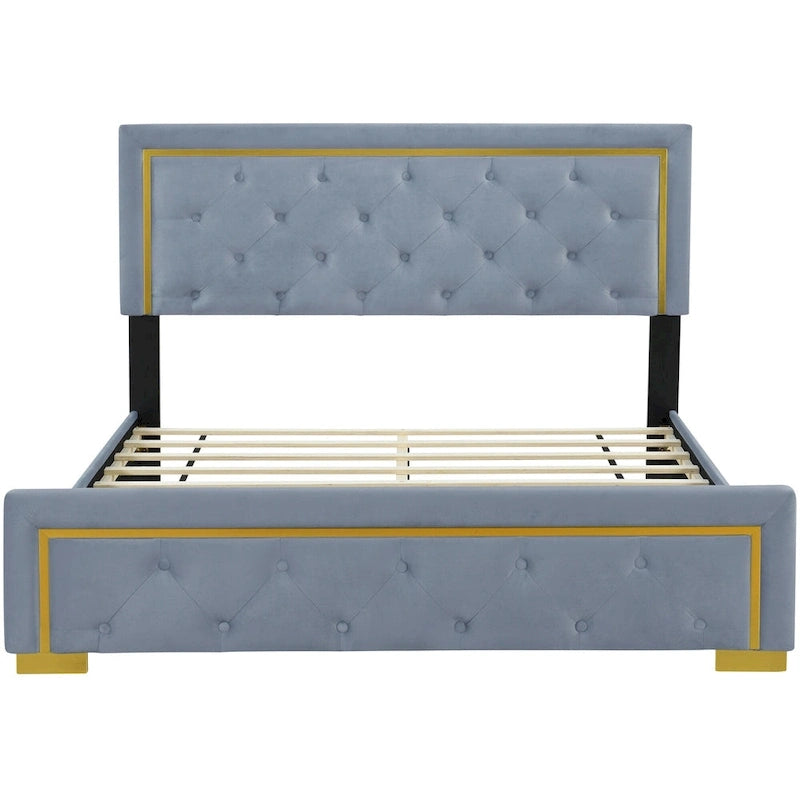 Lit plateforme rembourré gris Queen Size avec tête de lit capitonnée et cadre en métal