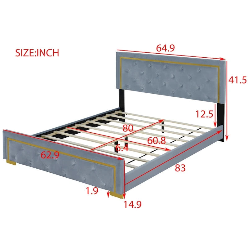 Lit plateforme rembourré gris Queen Size avec tête de lit capitonnée et cadre en métal