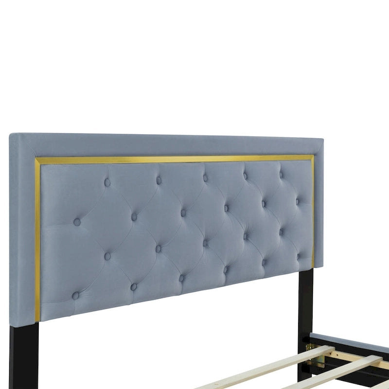 Lit plateforme rembourré gris Queen Size avec tête de lit capitonnée et cadre en métal