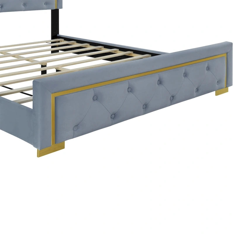 Lit plateforme rembourré gris Queen Size avec tête de lit capitonnée et cadre en métal