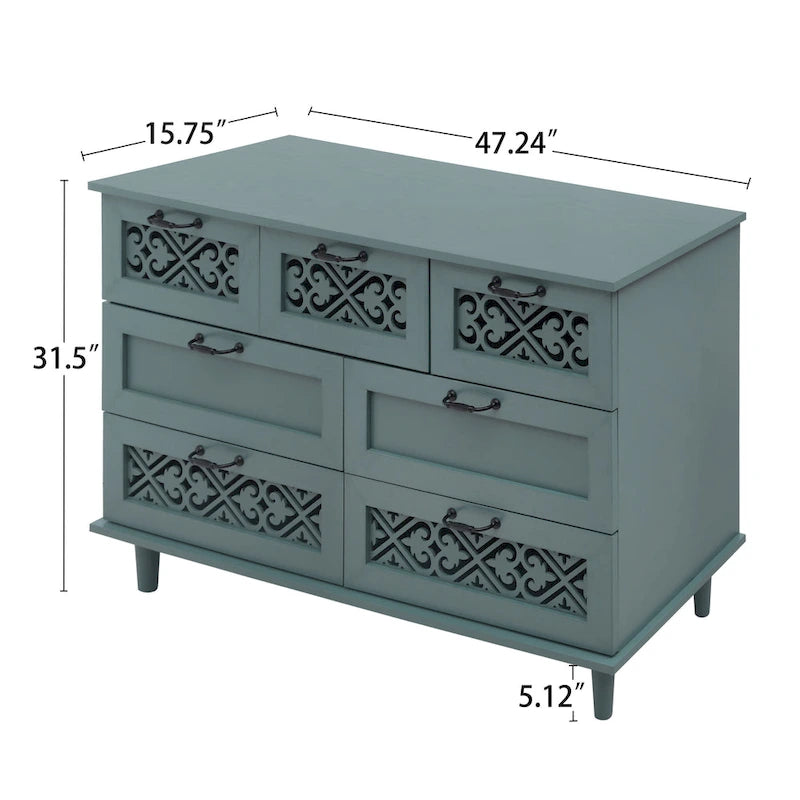 Commode horizontale à 7 tiroirs de style rétro avec façade de tiroirs sculptée et poignées métalliques pour chambre à coucher, salon