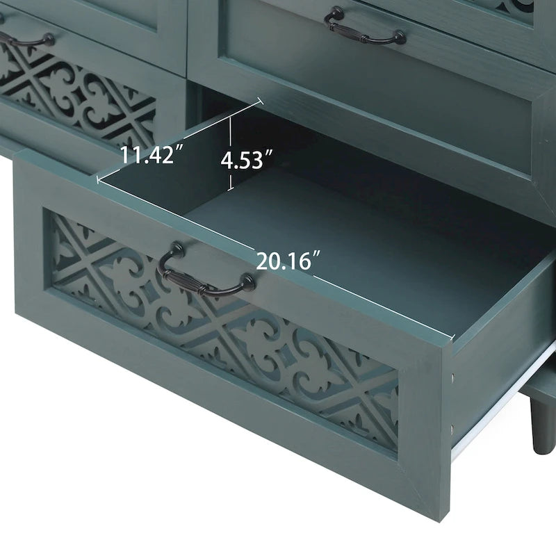 Commode horizontale à 7 tiroirs de style rétro avec façade de tiroirs sculptée et poignées métalliques pour chambre à coucher, salon