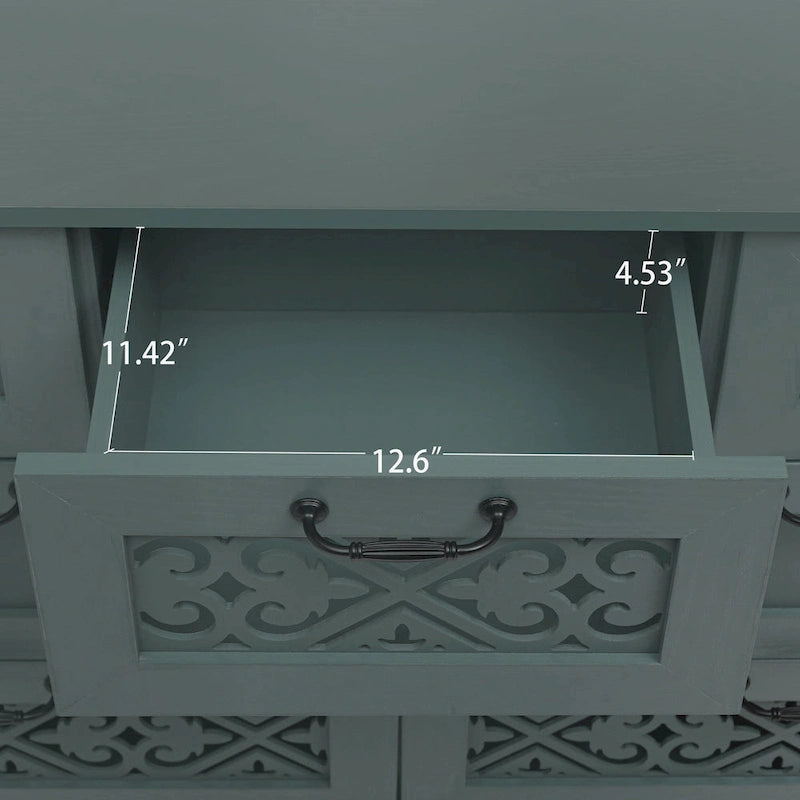 Commode horizontale à 7 tiroirs de style rétro avec façade de tiroirs sculptée et poignées métalliques pour chambre à coucher, salon