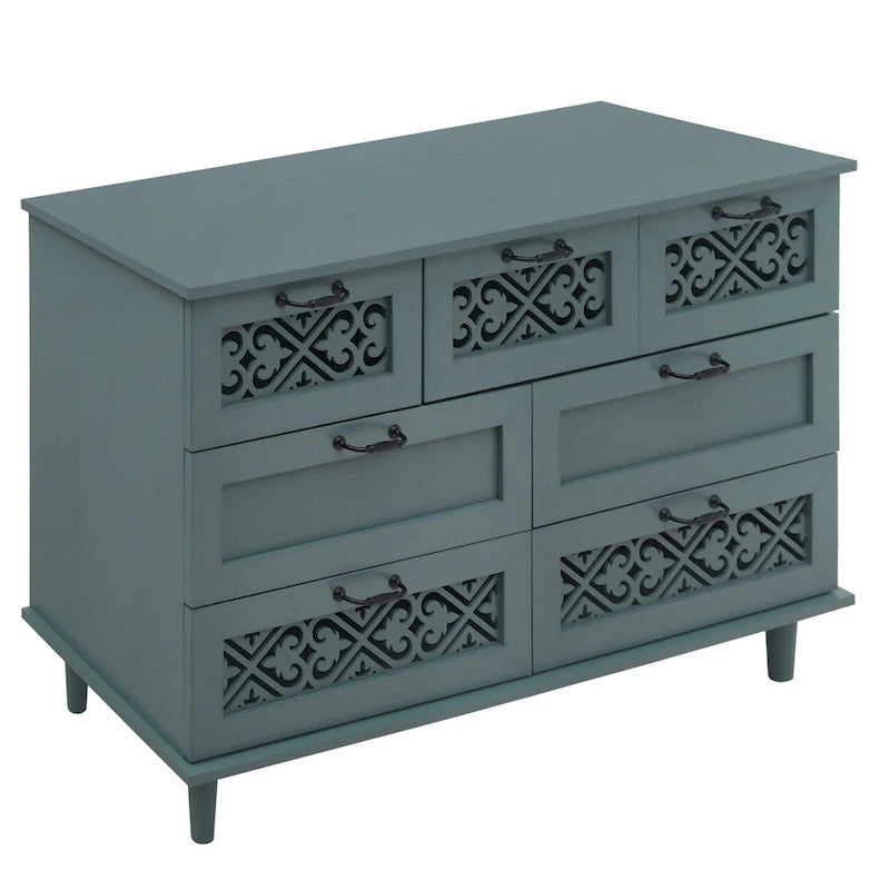Commode horizontale à 7 tiroirs de style rétro avec façade de tiroirs sculptée et poignées métalliques pour chambre à coucher, salon