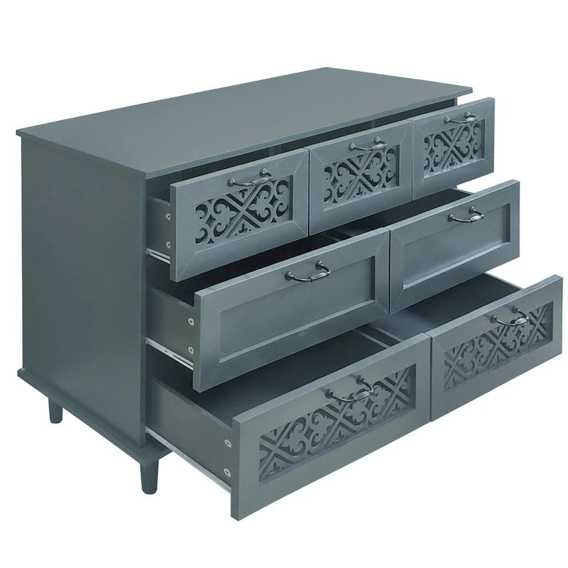 Commode horizontale à 7 tiroirs de style rétro avec façade de tiroirs sculptée et poignées métalliques pour chambre à coucher, salon
