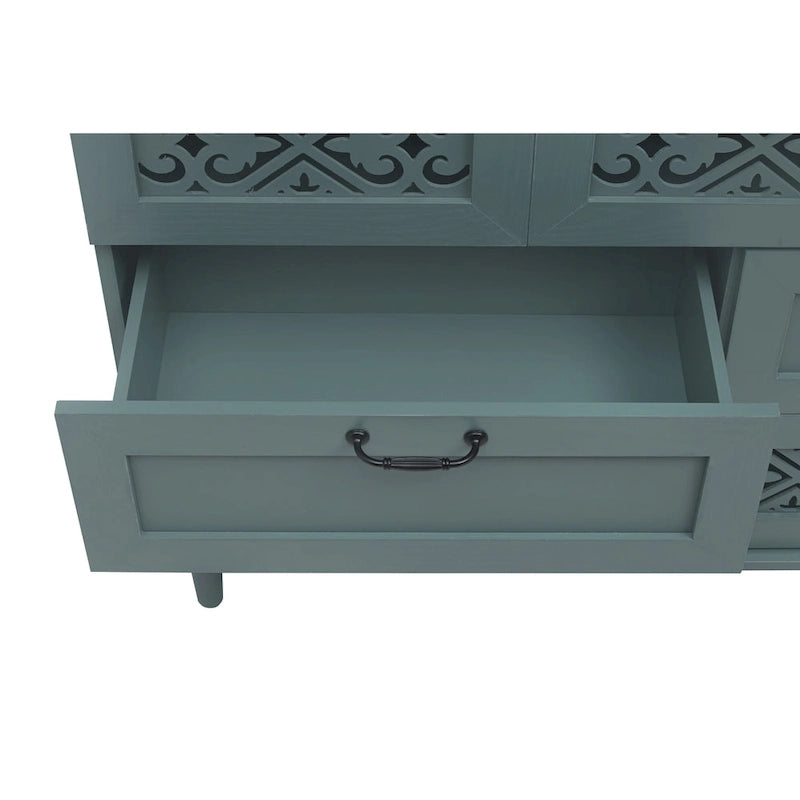 Commode horizontale à 7 tiroirs de style rétro avec façade de tiroirs sculptée et poignées métalliques pour chambre à coucher, salon
