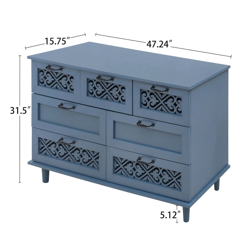 Commode horizontale à 7 tiroirs de style rétro avec façade de tiroirs sculptée et poignées métalliques pour chambre à coucher, salon