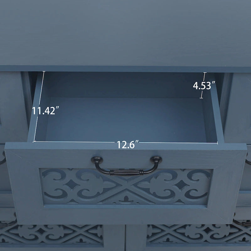 Commode horizontale à 7 tiroirs de style rétro avec façade de tiroirs sculptée et poignées métalliques pour chambre à coucher, salon