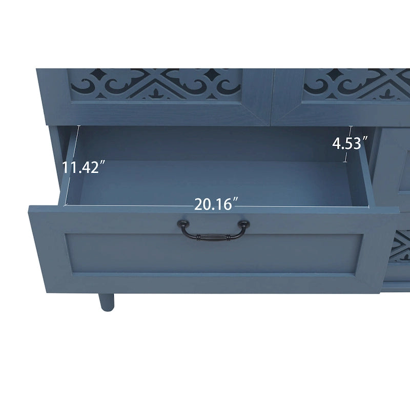 Commode horizontale à 7 tiroirs de style rétro avec façade de tiroirs sculptée et poignées métalliques pour chambre à coucher, salon