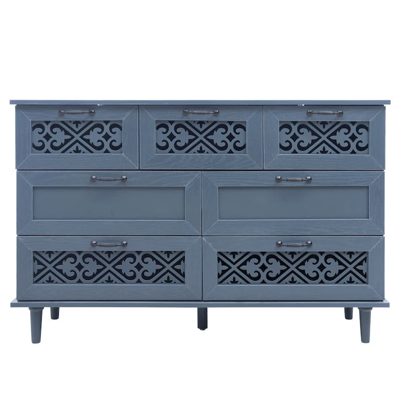 Commode horizontale à 7 tiroirs de style rétro avec façade de tiroirs sculptée et poignées métalliques pour chambre à coucher, salon