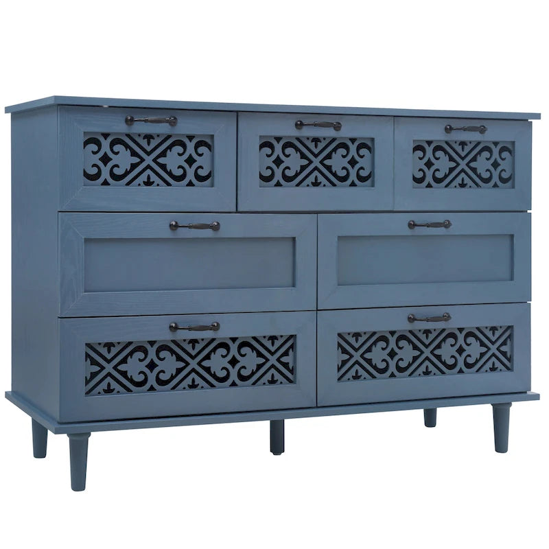Commode horizontale à 7 tiroirs de style rétro avec façade de tiroirs sculptée et poignées métalliques pour chambre à coucher, salon