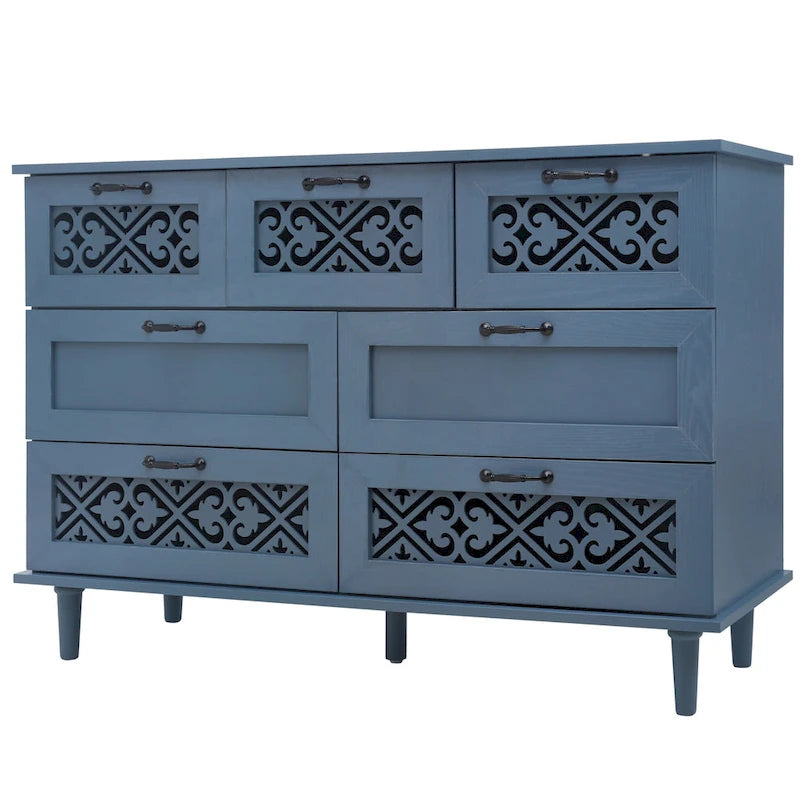 Commode horizontale à 7 tiroirs de style rétro avec façade de tiroirs sculptée et poignées métalliques pour chambre à coucher, salon