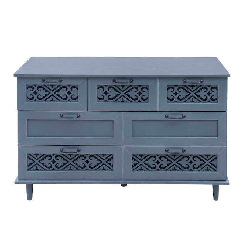 Commode horizontale à 7 tiroirs de style rétro avec façade de tiroirs sculptée et poignées métalliques pour chambre à coucher, salon
