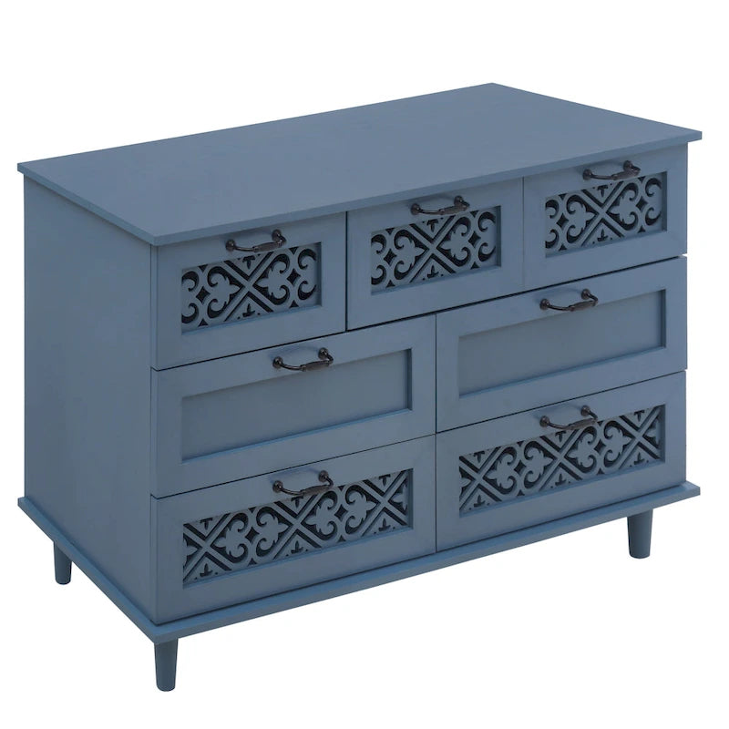 Commode horizontale à 7 tiroirs de style rétro avec façade de tiroirs sculptée et poignées métalliques pour chambre à coucher, salon