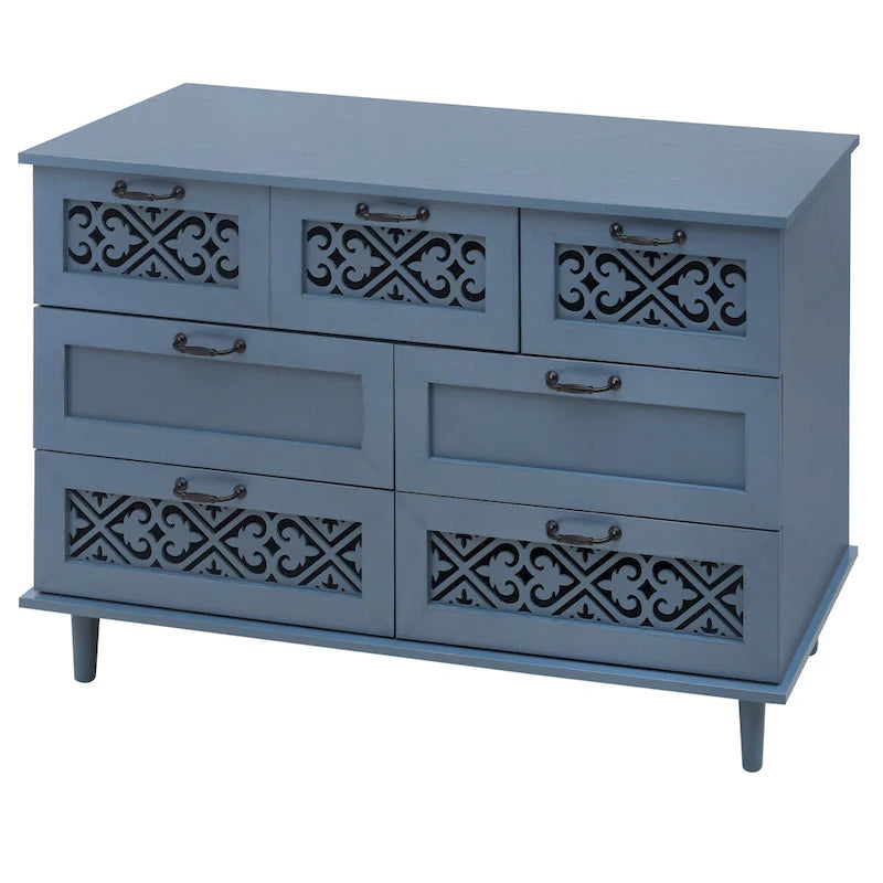Commode horizontale à 7 tiroirs de style rétro avec façade de tiroirs sculptée et poignées métalliques pour chambre à coucher, salon