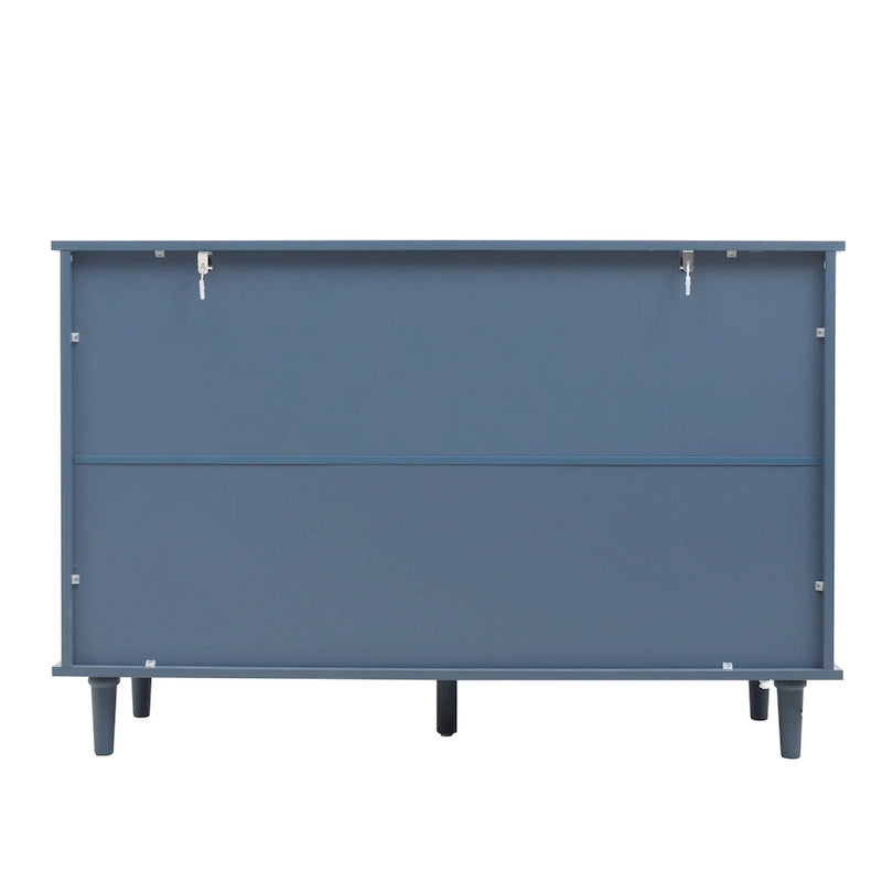 Commode horizontale à 7 tiroirs de style rétro avec façade de tiroirs sculptée et poignées métalliques pour chambre à coucher, salon