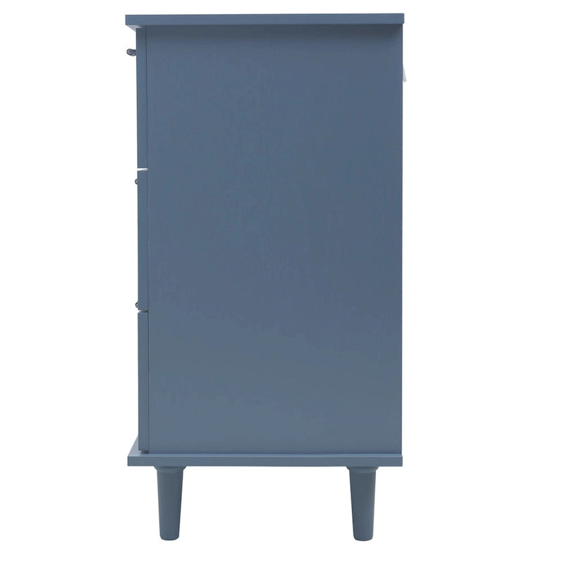 Commode horizontale à 7 tiroirs de style rétro avec façade de tiroirs sculptée et poignées métalliques pour chambre à coucher, salon