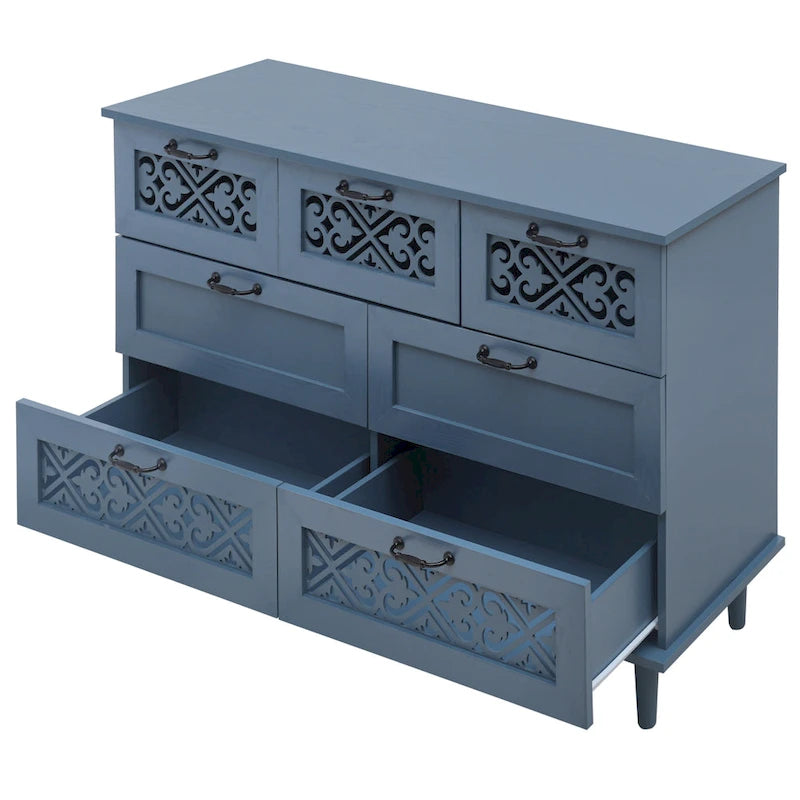Commode horizontale à 7 tiroirs de style rétro avec façade de tiroirs sculptée et poignées métalliques pour chambre à coucher, salon
