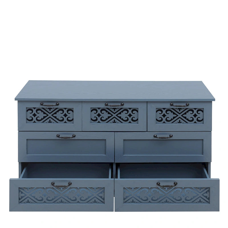 Commode horizontale à 7 tiroirs de style rétro avec façade de tiroirs sculptée et poignées métalliques pour chambre à coucher, salon
