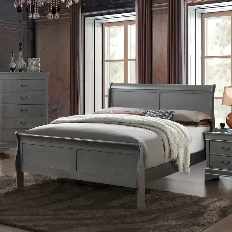 Lit traîneau contemporain en bois massif gris