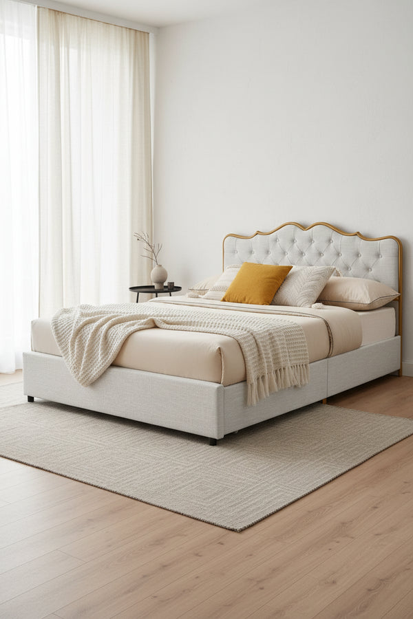 Elegant Platform Bed,Buckle Shaped Backrest,With Four Storage Drawer