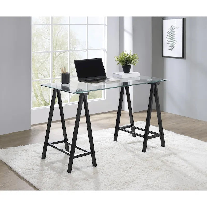 Bureau Middleton avec plateau en verre transparent et piètement en métal