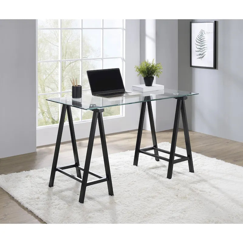 Bureau Middleton avec plateau en verre transparent et piètement en métal