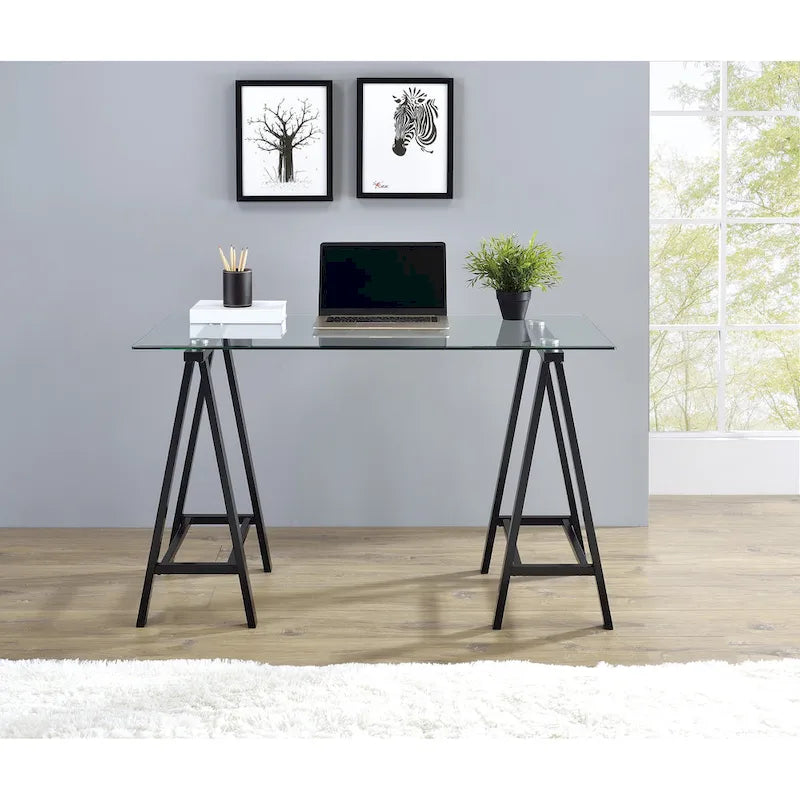 Bureau Middleton avec plateau en verre transparent et piètement en métal