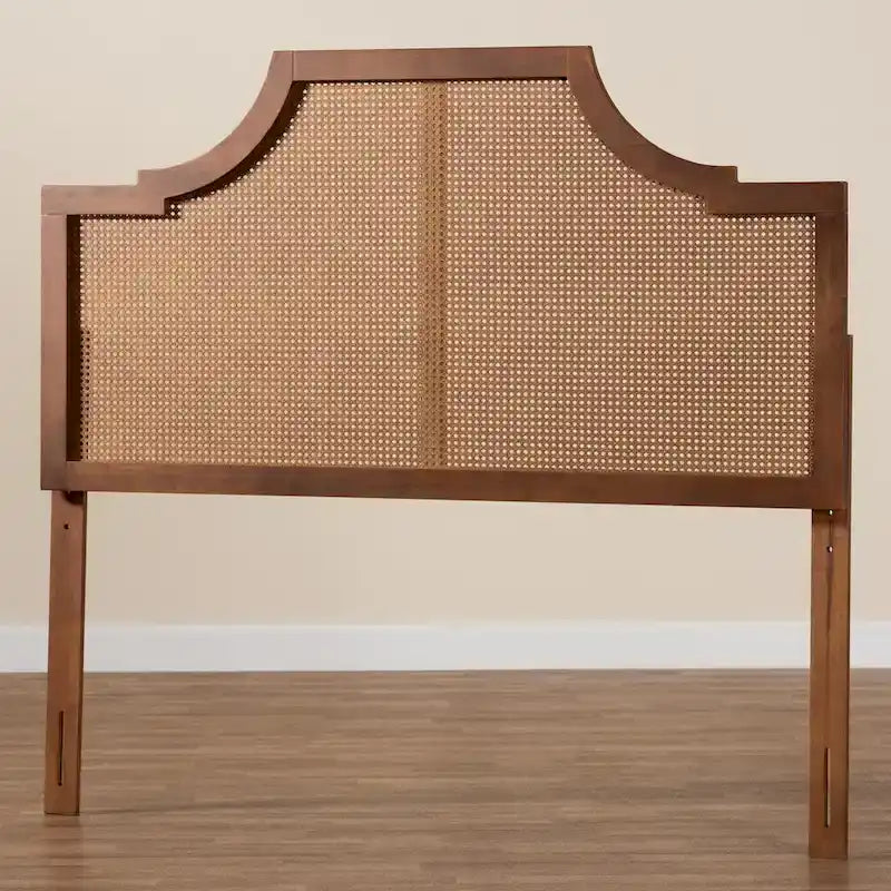 Tête de lit en bois de frêne et rotin, finition noyer, style milieu de siècle