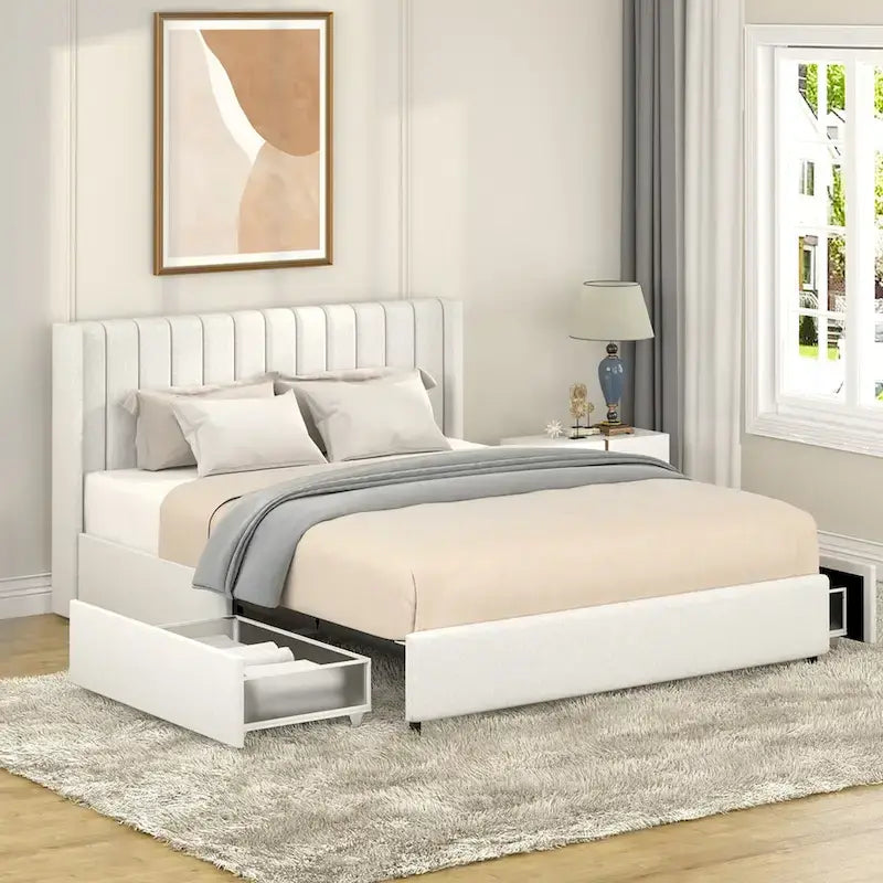 Lit plateforme tapissé de taille Queen avec tiroir