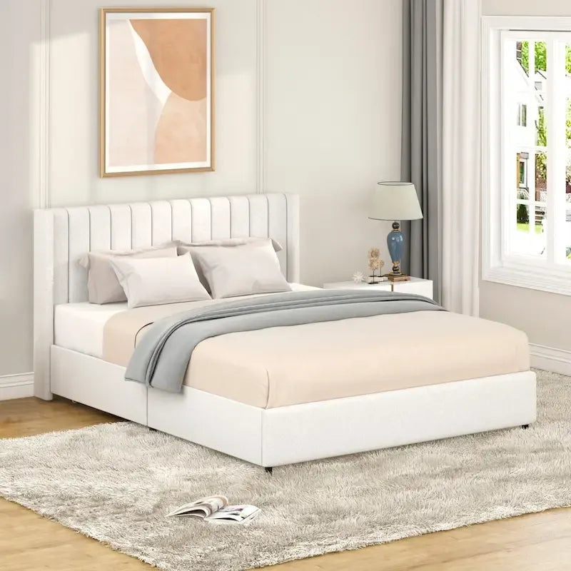 Lit plateforme tapissé de taille Queen avec tiroir