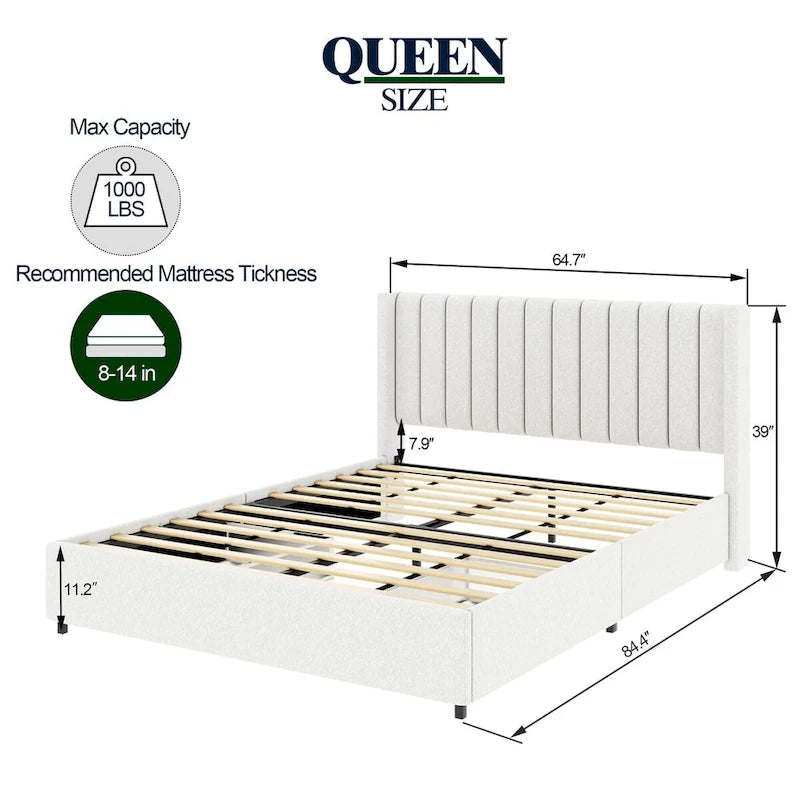 Lit plateforme tapissé de taille Queen avec tiroir