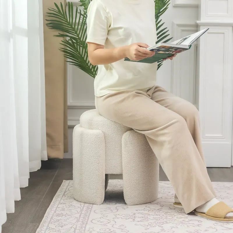 Pouf rond en tissu Teddy pour salon ou chambre à coucher
