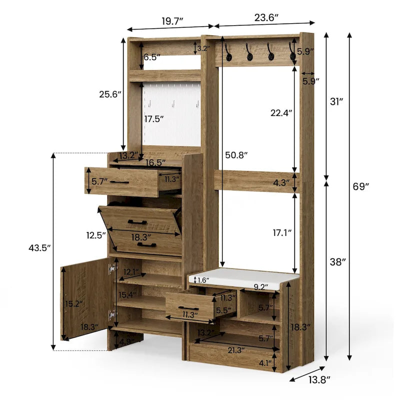 Meuble d'entrée 44,5 de large avec banc et rangement à chaussures