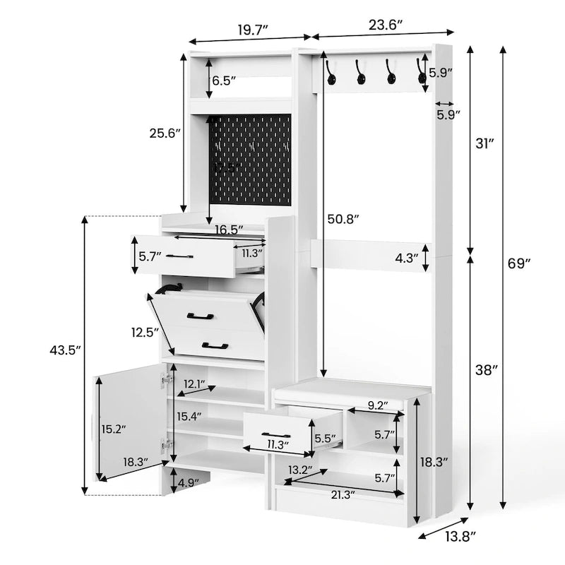 Meuble d'entrée 44,5 de large avec banc et rangement à chaussures
