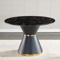 Table à manger ronde en MDF imprimé marbre noir, piètement colonnaire noir avec anneau doré (chaises non comprises)