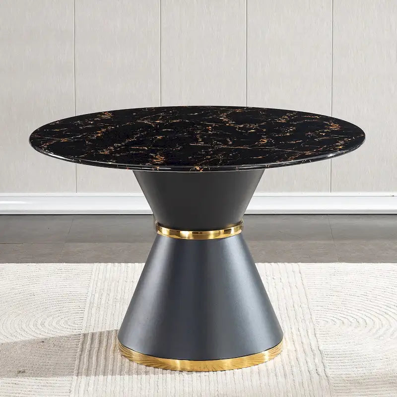 Table à manger ronde en MDF imprimé marbre noir, piètement colonnaire noir avec anneau doré (chaises non comprises)