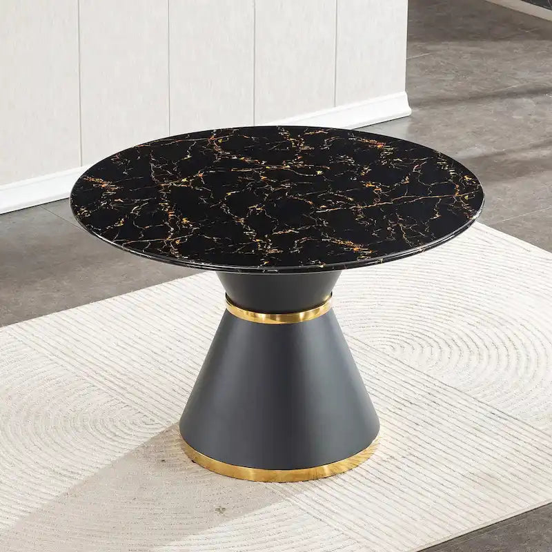 Table à manger ronde en MDF imprimé marbre noir, piètement colonnaire noir avec anneau doré (chaises non comprises)