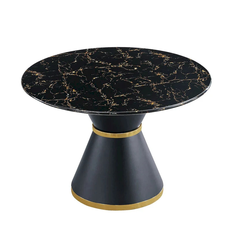 Table à manger ronde en MDF imprimé marbre noir, piètement colonnaire noir avec anneau doré (chaises non comprises)